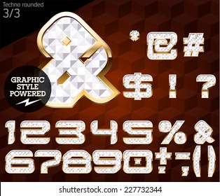 Luminosa fuente de la ilustración del vector oro y diamante. Techno redondeado. El archivo contiene estilos gráficos disponibles en Illustrator