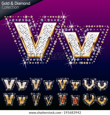 Shiny font of gold and diamond vector illustration. Letter v