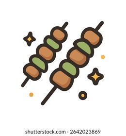 Shiny food skewers with meat and vegetables. Icon symbol illustration
