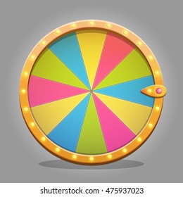 Shiny fortune wheel design element for game ui and graphic design. Sparkling lamps and multicolored wheel board.