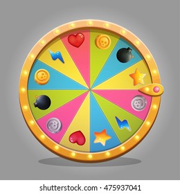 Shiny fortune wheel design element for game and graphic design. A set of icons with gifts is included in a set. Sparkling lamps and multicolored wheel board.