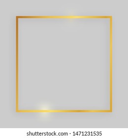 Shiny frame with glowing effects. Gold square frame with shadow on grey background. Vector illustration