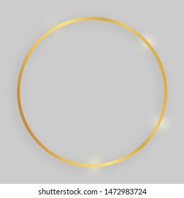 Shiny frame with glowing effects. Gold round frame with shadow on grey background. Vector illustration