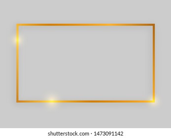 Shiny frame with glowing effects. Gold rectangular frame with shadow on grey background. Vector illustration