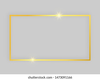 Shiny frame with glowing effects. Gold rectangular frame with shadow on grey background. Vector illustration