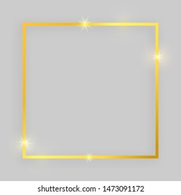 Shiny frame with glowing effects. Gold square frame with shadow on grey background. Vector illustration