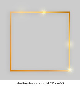 Shiny frame with glowing effects. Gold square frame with shadow on grey background. Vector illustration