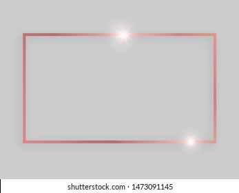 Shiny frame with glowing effects. Rose gold rectangular frame with shadow on grey background. Vector illustration