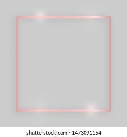 Shiny frame with glowing effects. Rose gold square frame with shadow on grey background. Vector illustration