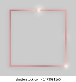 Shiny frame with glowing effects. Rose gold square frame with shadow on grey background. Vector illustration