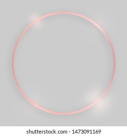 Shiny frame with glowing effects. Rose gold round frame with shadow on grey background. Vector illustration
