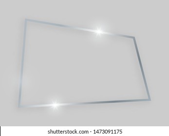 Shiny frame with glowing effects. Silver quadrangular frame with shadow on grey background. Vector illustration