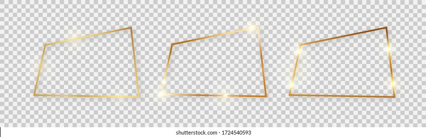 Shiny frames with glowing effects. Set of three gold frames with shadows on transparent background. Vector illustration