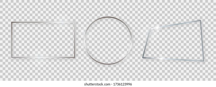 Shiny frames with glowing effects. Set of three silver frames with shadows on transparent background. Vector illustration