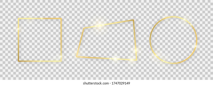 Shiny frames with glowing effects. Set of three gold frames with shadows on transparent background. Vector illustration