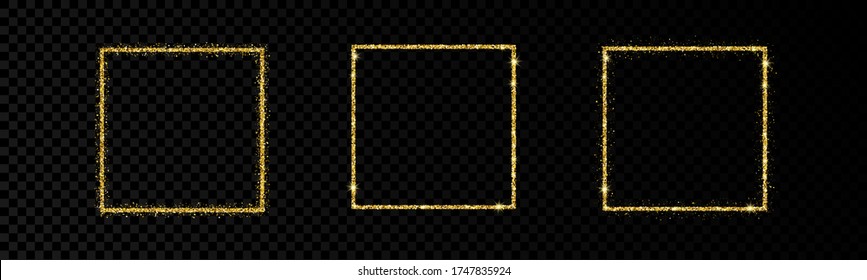Shiny frames with glowing effects. Set of three glitter gold square frames on transparent background. Vector illustration