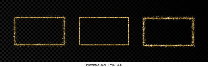 Shiny frames with glowing effects. Set of three glitter gold rectangular frames on transparent background. Vector illustration