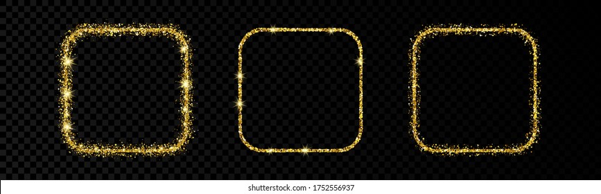 Shiny frames with glowing effects. Set of three glitter gold rounded square frames on transparent background. Vector illustration