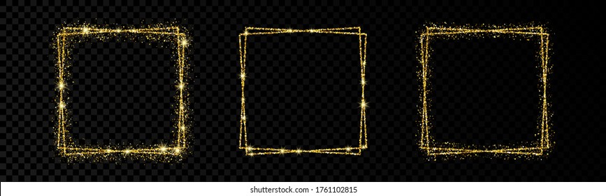 Shiny frames with glowing effects. Set of three glitter gold double square frames on transparent background. Vector illustration