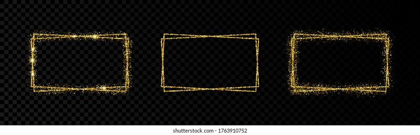 Shiny frames with glowing effects. Set of three glitter gold double rectangular frames on transparent background. Vector illustration