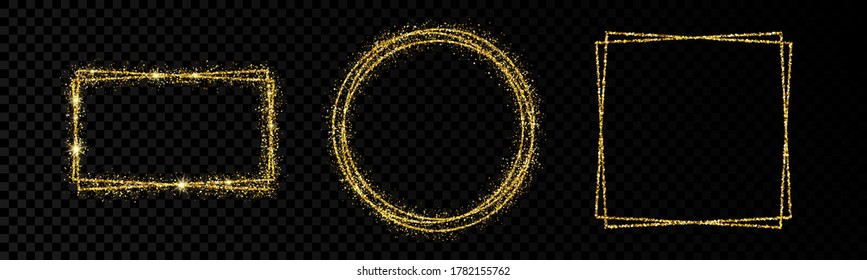 Shiny frames with glowing effects. Set of three glitter square, circular and rectangular frames on transparent background. Vector illustration
