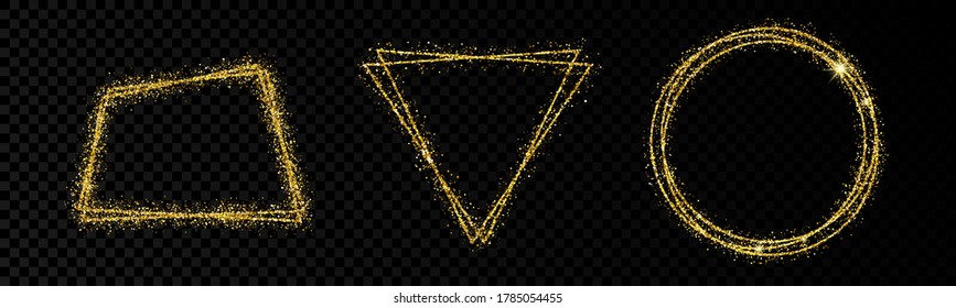 Shiny frames with glowing effects. Set of three glitter trapezoid, triangle and circular frames on transparent background. Vector illustration
