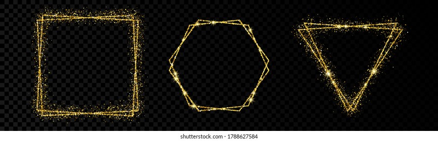 Shiny frames with glowing effects. Set of three glitter square, triangle and hexagon frames on transparent background. Vector illustration