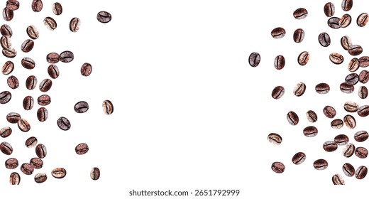 grãos de café torrados frescos e brilhantes, isolados sobre fundo branco.