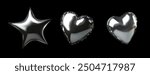 Shiny futuristic metallic balloons featuring one star and two hearts, rendered in a sleek, reflective silver finish against a black background. 3D chrome y2k shape set, silver liquid star. Vector