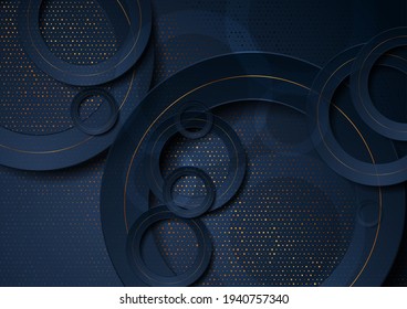 Fondo abstracto geométrico brillante con círculos y puntos dorados. Diseño de vectores