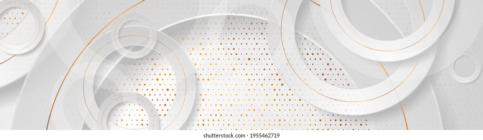 Shiny geometric abstract grey background with circles and golden dots. Vector banner design