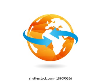 Shiny geometric globe icon with arrow abstract concept. Vector illustration graphic template isolated on white background