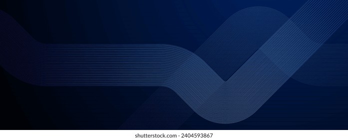 Líneas geométricas brillantes con fondo azul oscuro. Ilustración moderna de líneas azules brillantes. Patrón futurista moderno. Plantilla de banner horizontal.