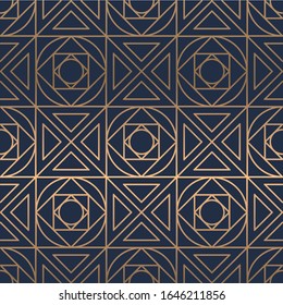 shiny geometric shapes pattern, Seamless vector pattern. Vector texture , gold with blue background