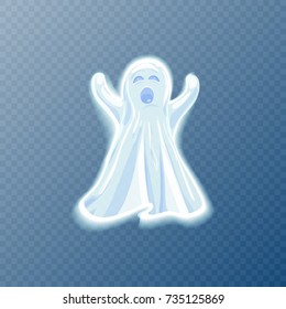 Shiny ghost figure with disappointed face expression and raised hands isolated cartoon flat vector illustration on transparent background.