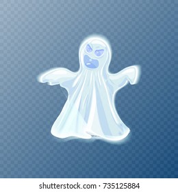 Shiny ghost figure with scary face and open mouth for Halloween party isolated cartoon flat vector illustration on transparent background.