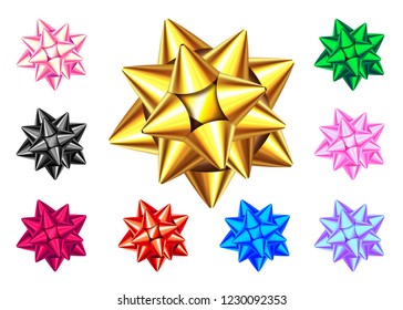 Shiny gift bow isolated on white background. Blue, golden,  red, green, pink, black, purple Christmas, New Year decoration. Vector set of holiday design elements  for banner, greeting card, poster.