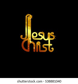 Shiny gilded lettering, sparkly letters, text Jesus Christ on black.