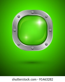 Shiny glass bubble in aluminum edging on green background. Vector art.