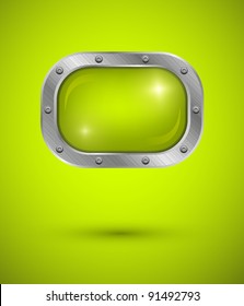 Shiny glass bubble speech in aluminum edging on green background. Vector art.