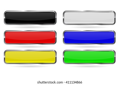 Shiny glass buttons. Set of colored square buttons with chrome frame. Vector illustration isolated 