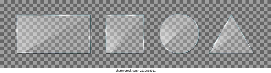 Shiny glass. Plexiglass with glossy effect and glare. Acrylic texture with frame for mirror, window and screen. Set of clear plastic plates. Plexi mockups isolated on transparent background. Vector.