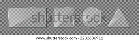 Shiny glass. Plexiglass with glossy effect and glare. Acrylic texture with frame for mirror, window and screen. Set of clear plastic plates. Plexi mockups isolated on transparent background. Vector.