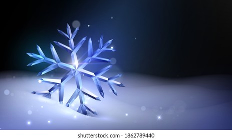 Shiny glass snowflake in a snowdrift, new year or christmas illustration