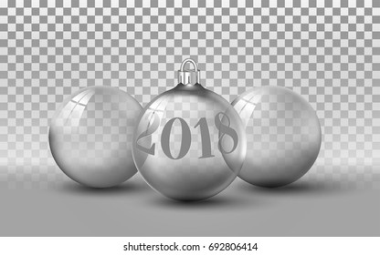 Shiny glass transparent Christmas toys template. Three christmas balls on background. Silver year 2018 decoration, realistic elements.