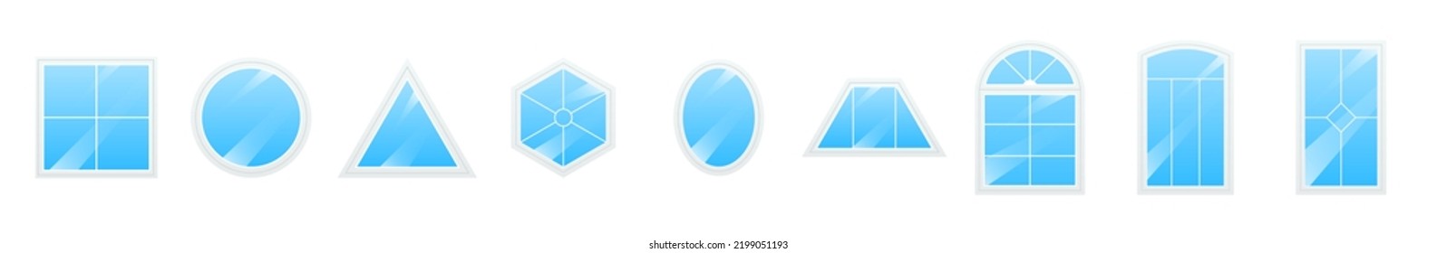 Juego de iconos de la ventana de vidrio brillante. Símbolo de cristal de plástico blanco con marco en diferentes formas para casa u oficina. Diseño de plantilla de la arquitectura interior y exterior.  Ilustración del vector