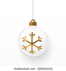 Shiny glitter glowing Christmas balls with gold snowflake. Xmas glass ball. Holiday decoration template. Vector illustration.