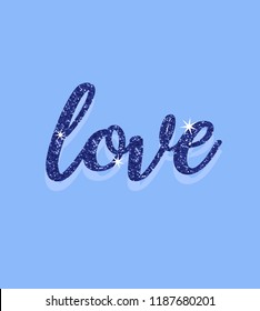 Shiny glitter love handwrite letter on blue background