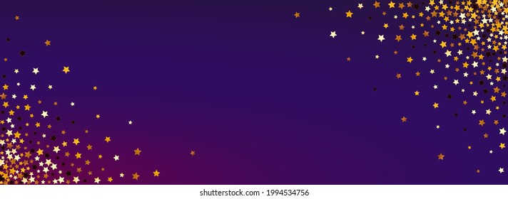 Shiny Glitter Vector Panoramic Purple Background. Golden Celebration Sky Illustration. Starry Festive Wallpaper.  Sparkling Decoration Glow Border.