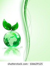 Shiny globe with leaves on green background, illustration.